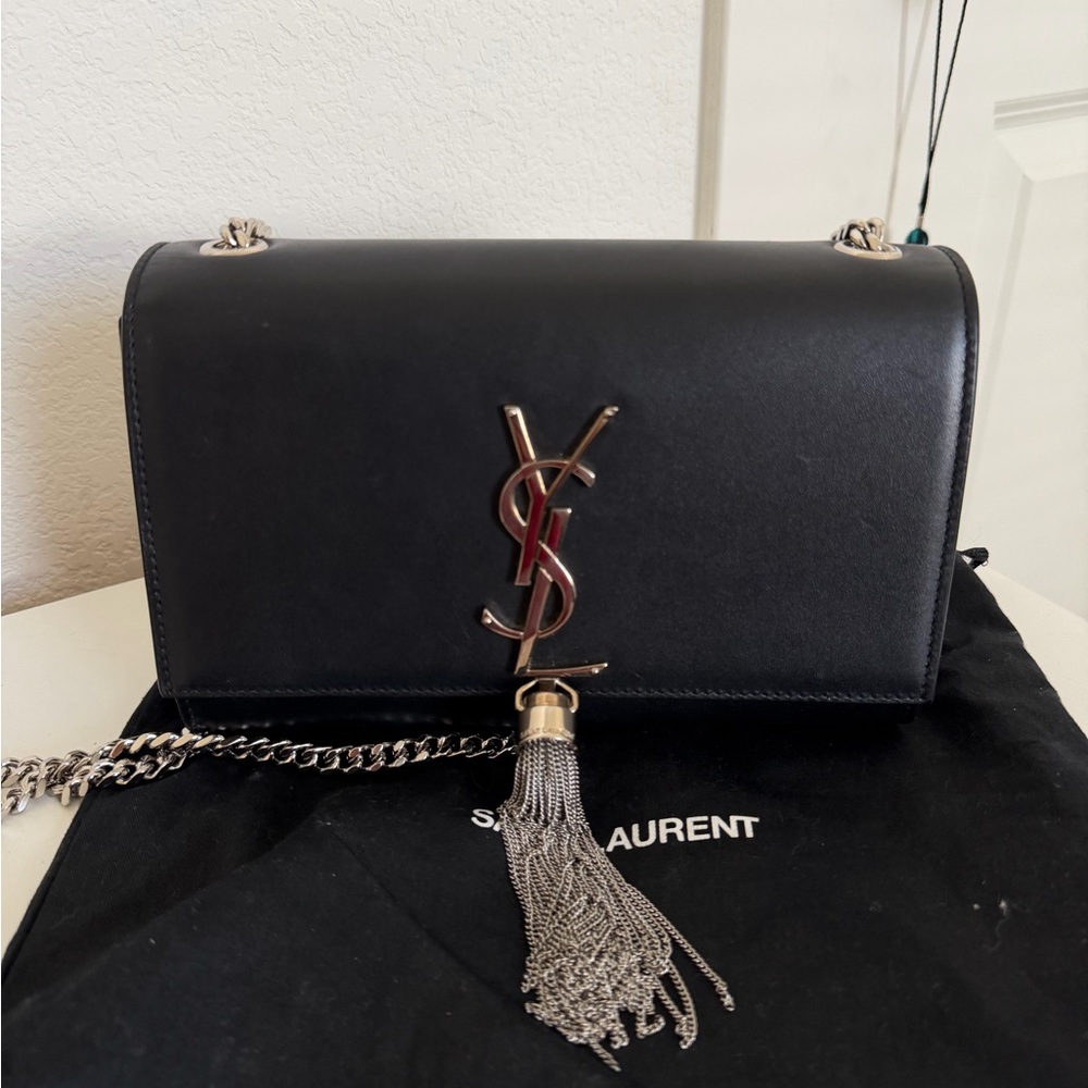 Saint Laurent Black Leather Monogram Tassel Shoulder Bag